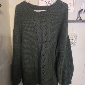 Cable-Front Crewneck Sweater in Dark Green
